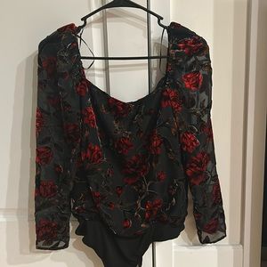 ASTR black bodysuit with velvet floral pattern